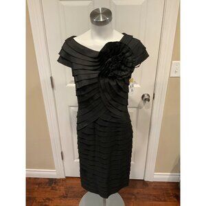 Tadashi Collection Black Ruffled Sheath Dress, W/ Rosette Detail, Size 6